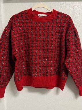 MNG Mango Wool Blend Sweater Red Black Size S Long Sleeve Knit Pullover